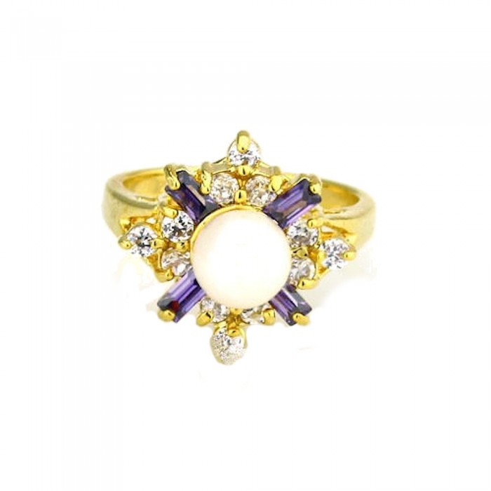 Bague perle fleur dorée oxyde de zirconium blanc et violet