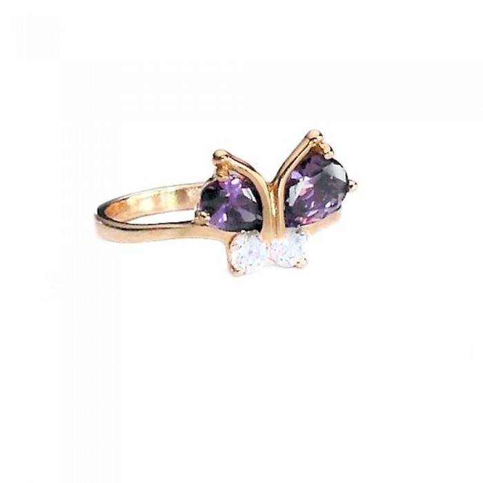 Bague papillon oxyde de zirconium violet et blanc doré