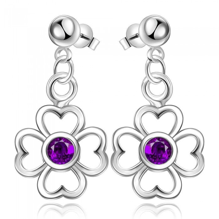 Boucles d'oreilles fleurs oxyde de zirconiums violet argenté