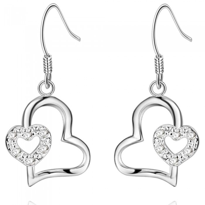 Boucles d'oreilles oxyde de zirconium 2 coeurs fusionnés argenté