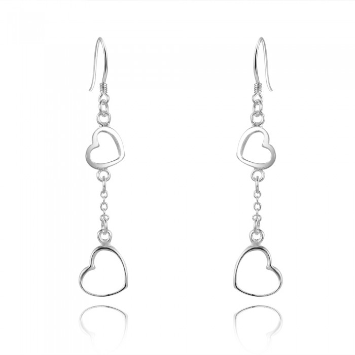Boucles d'oreilles deux coeurs tombants avec chaînette argenté