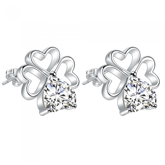 Boucles d'oreilles trèfle de coeurs cristal oxyde de zirconium argenté