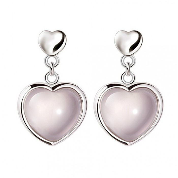 Boucles d'oreilles coeur pierre naturelle rose argenté