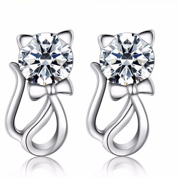 Boucles d'oreilles petit chat tête en oxyde de zirconium argenté