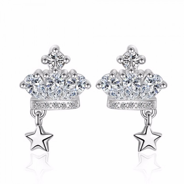 Boucles d'oreilles couronne oxyde de zirconium étoile pendant argenté