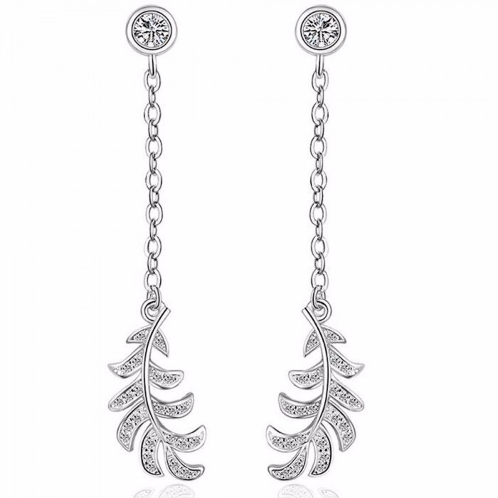 Boucles d'oreilles chaîne plume oxyde de zirconium argenté