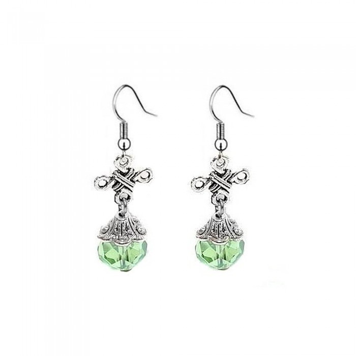 Boucles d'oreilles argentées tombantes croix perles à facettes couleur vert