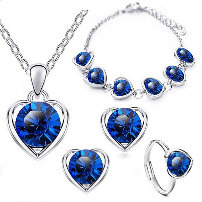 Parure bijoux coeur collier boucles d'oreilles bracelet et bague réglable argentée