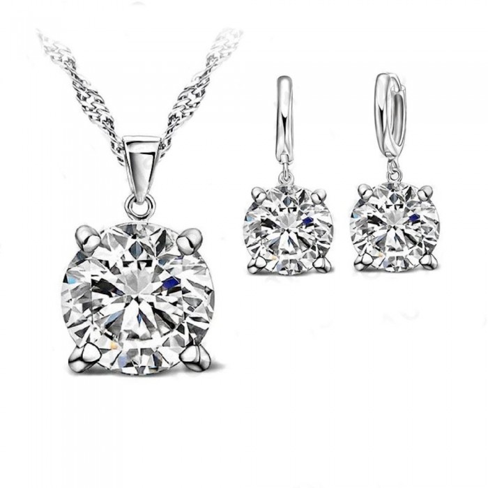 Parure bijoux solitaire oxyde de zirconium argenté