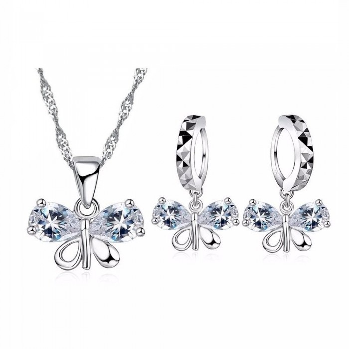 Parure bijoux papillon boucles d'oreilles anneaux oxyde de zirconium argenté