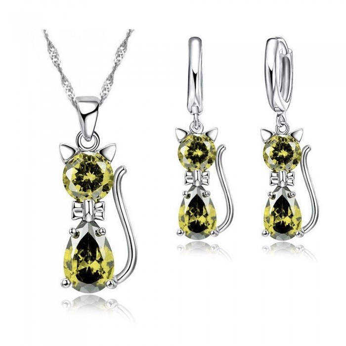 Parure bijoux chat boucles d'oreilles anneaux oxyde de zirconium argenté