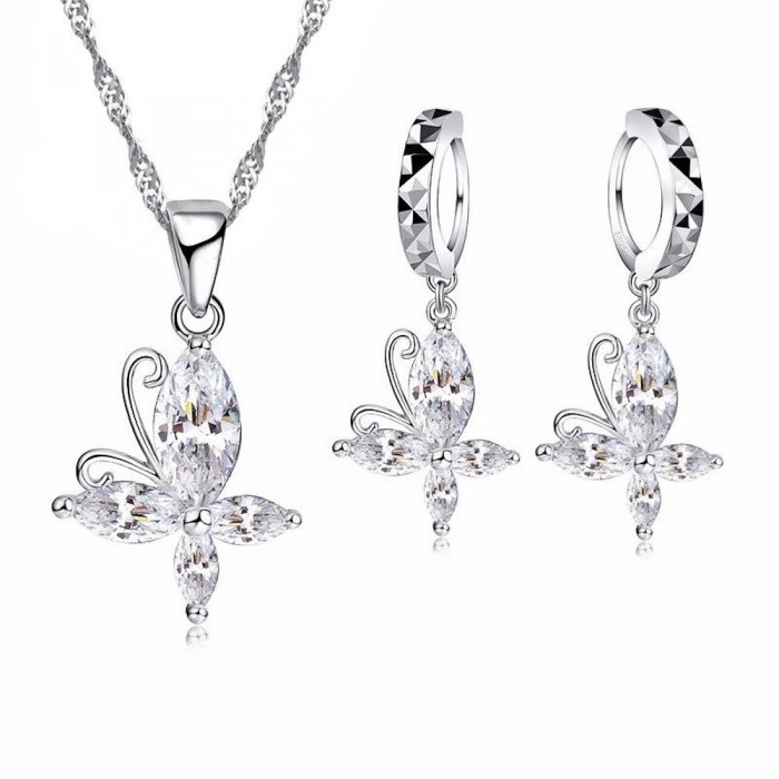 Parure bijoux papillon et boucles d'oreilles anneaux oxyde de zirconium argenté