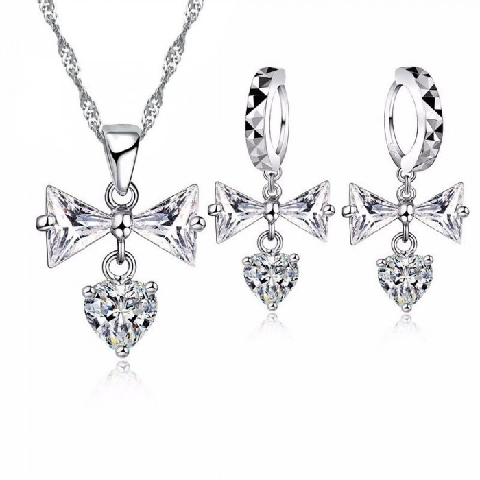 Parure bijoux coeur noeud boucles d'oreilles anneaux oxyde de zirconium argenté