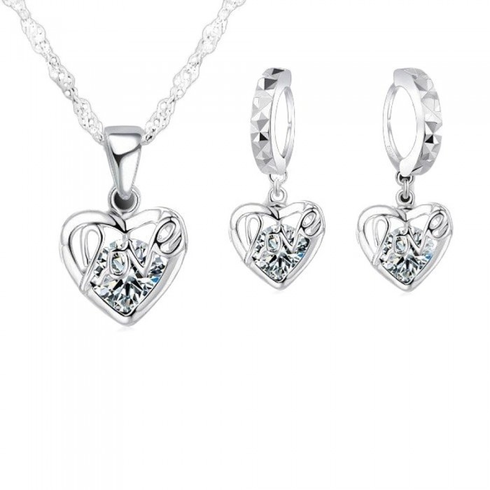 Parure bijoux coeur love oxyde de zirconium argenté