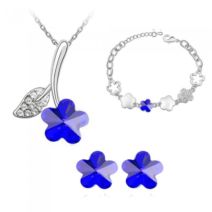Parure bijoux fleur strass collier boucles d'oreilles bracelet argentée