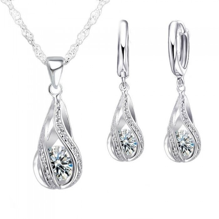 Parure bijoux goutte ciselée oxyde de zirconium argenté