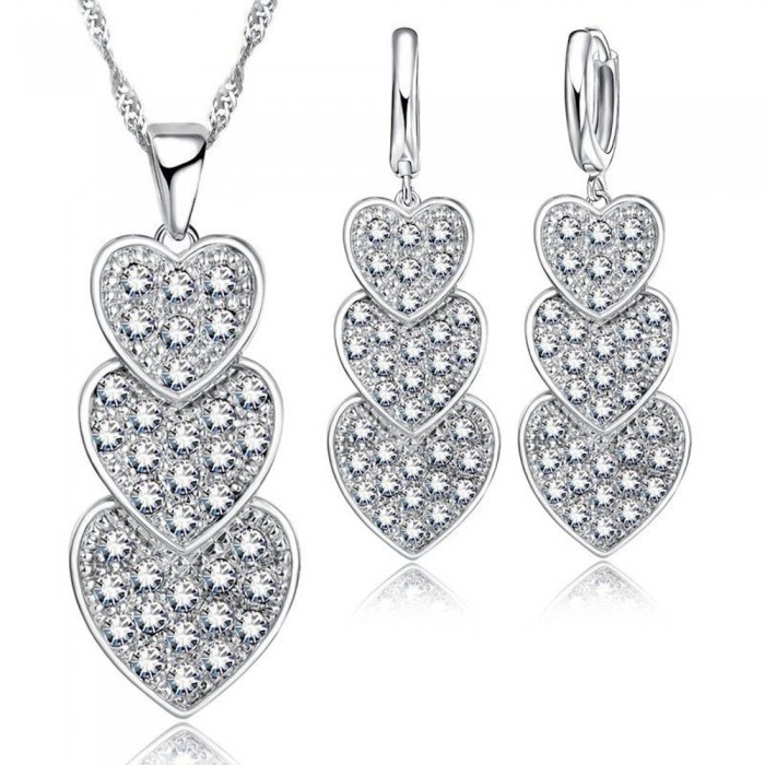 Parure bijoux 3 coeurs articulés cristaux argenté