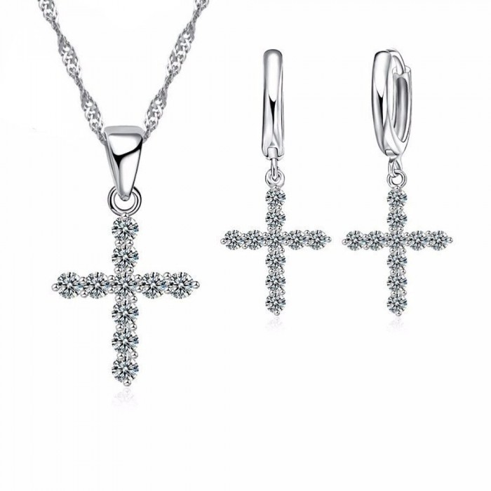 Parure bijoux croix et oxyde de zirconium argenté