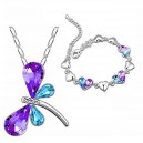 Parure bijoux collier libellule bracelet 2 coeurs bleu turquoise et violet argentée
