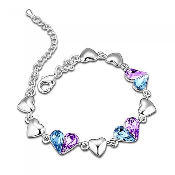 Bracelet suite de coeurs strass bleu turquoise et violet argenté