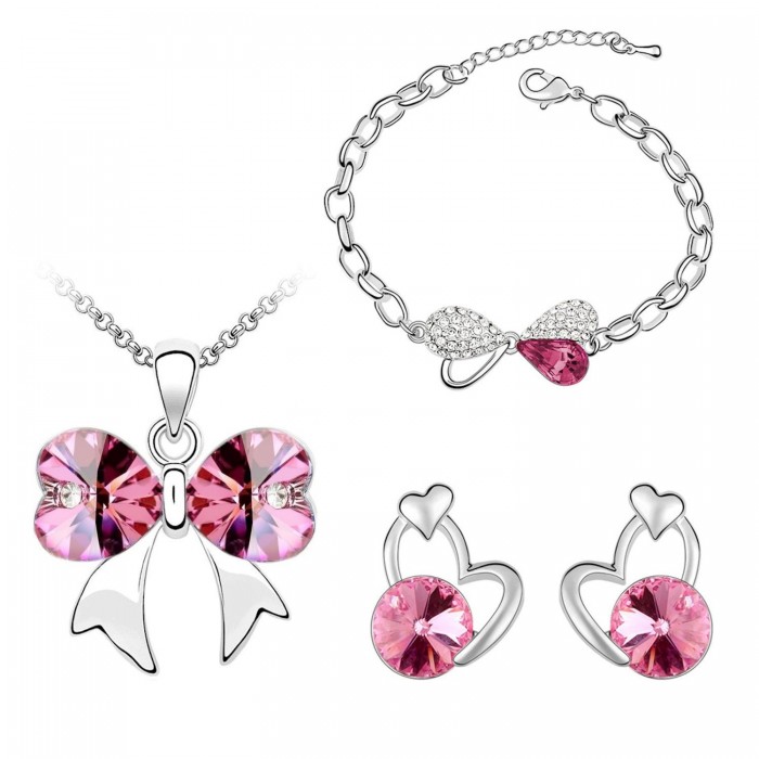 Parure bijoux boucles d'oreilles collier coeur bracelet noeud argentée