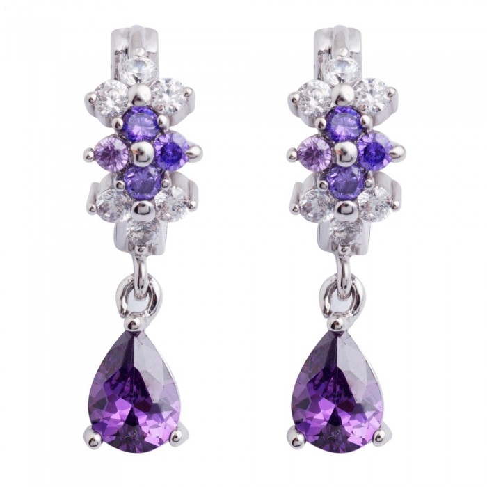 Boucles d'oreilles créole fleur pendant goutte oxyde de zirconium argentées