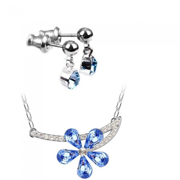 Parure bijoux collier fleur boucles d'oreilles strass pendant argentée