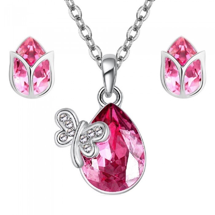 Parure bijoux collier goutte papillon boucles d'oreilles fleur argentée