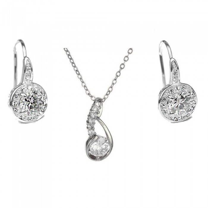 Parure bijoux collier pendentif oxyde de zirconium boucles d'oreilles coeurs ajourés argentée