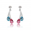 Boucles d'oreilles 2 gouttes rose et bleu turquoise argentées
