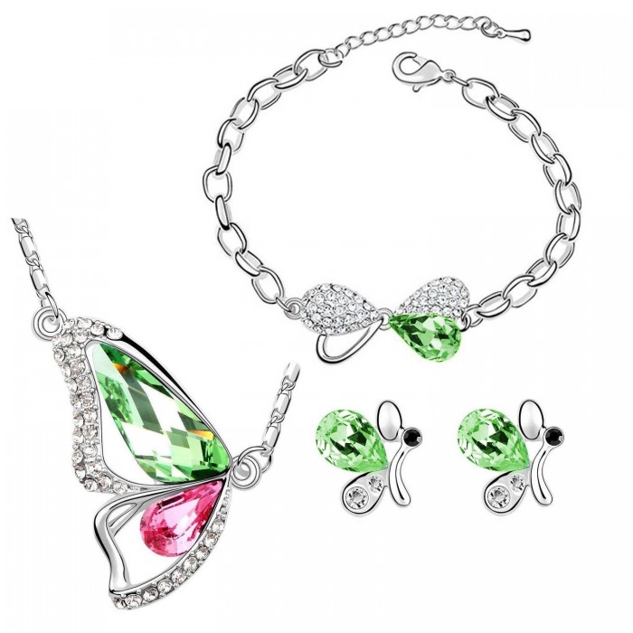 Parure bijoux aile de papillon bracelet noeud strass couleur vert et rose argentée