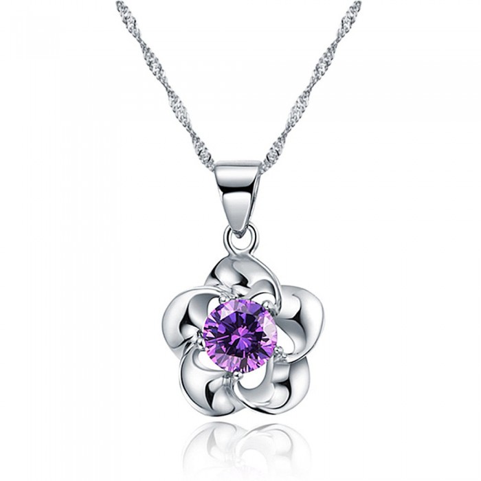 Collier fleur oxyde de zirconium argenté