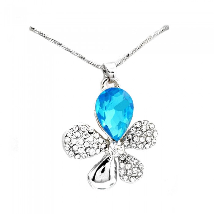 Collier fleur trèfle strass argenté