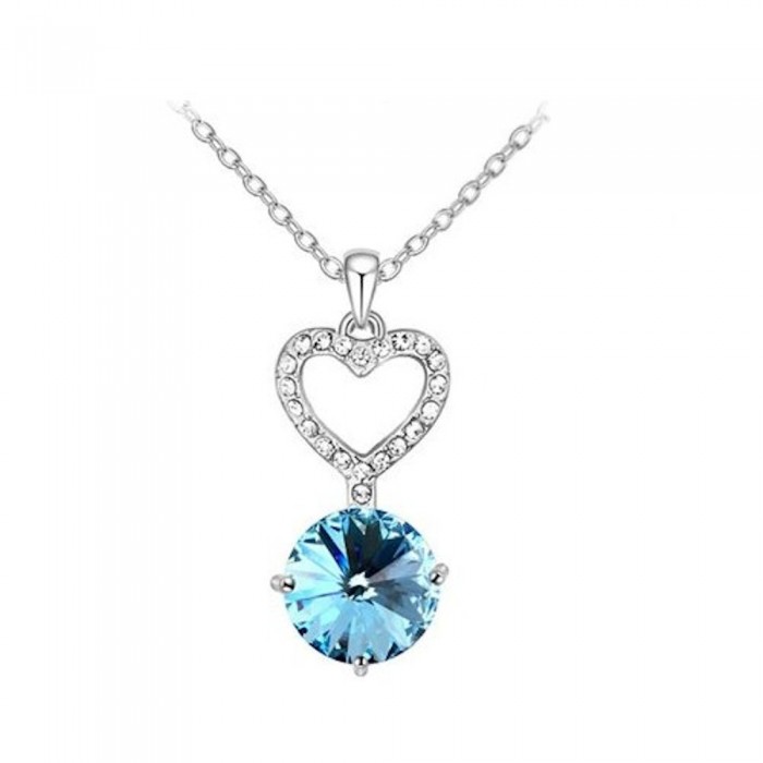 Collier coeur strass bleu turquoise argenté