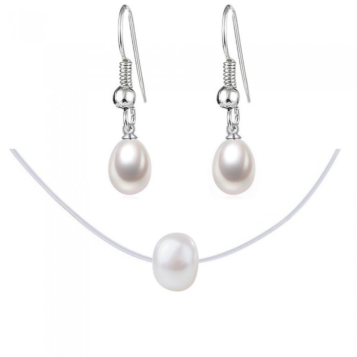 Parure bijoux collier invisible fil de nylon perle de culture d'eau douce blanches nacrées argentées