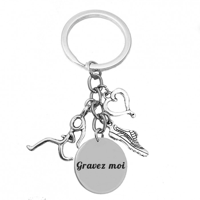 Porte-clés joggeuse sport coeur chaussure gravure personnalisée sur médaille