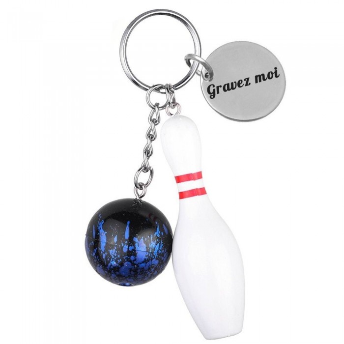 Porte-clés quille et boule de bowling gravure personnalisée sur médaille