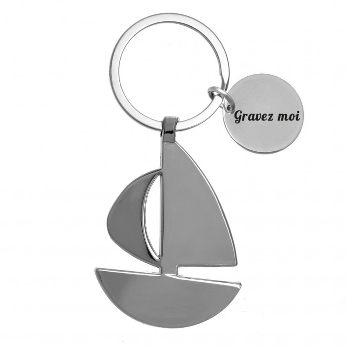 Porte-clés bateau voilier argenté gravure personnalisée sur médaille