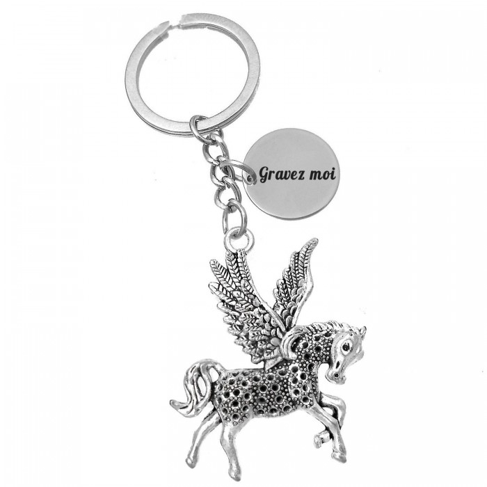 Porte-clés licorne Pégase cheval avec des ailes argenté gravure personnalisée sur médaille