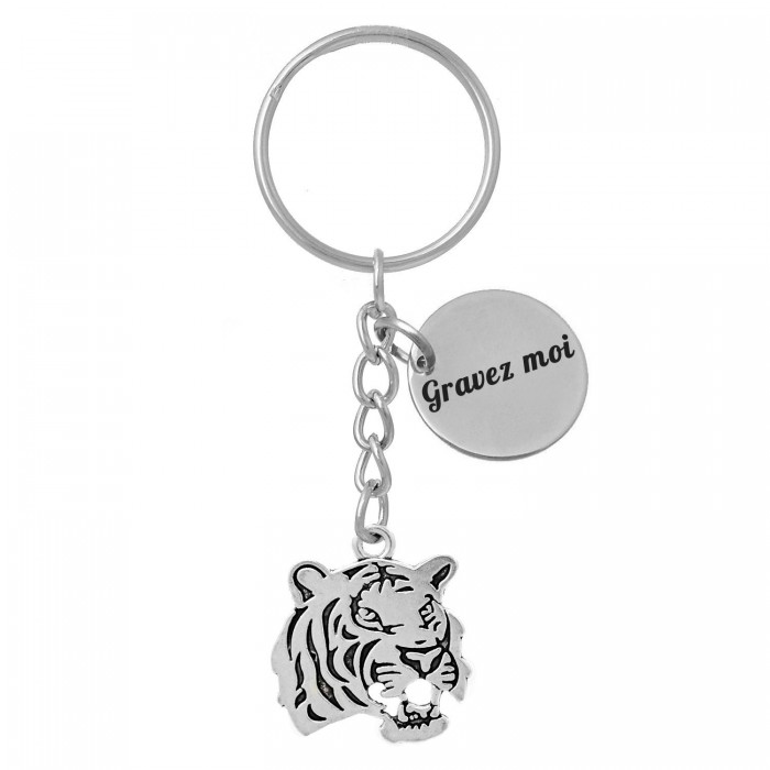 Porte-clés tête de tigre argentée gravure personnalisée sur médaille