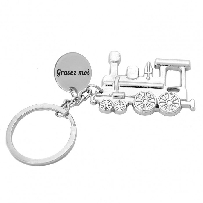 Porte-clés train locomotive à vapeur gravure personnalisée sur médaille