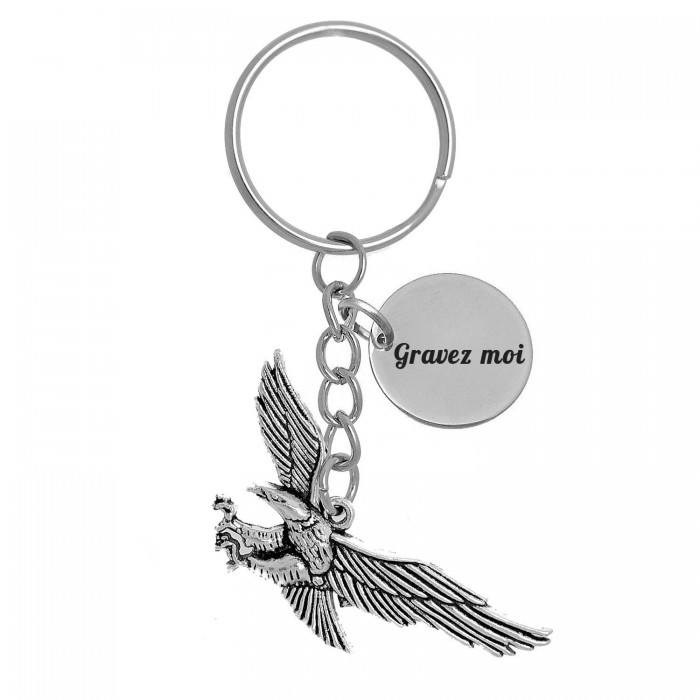 Porte-clés aigle royal oiseau ailes ouvertes argenté gravure personnalisée sur médaille