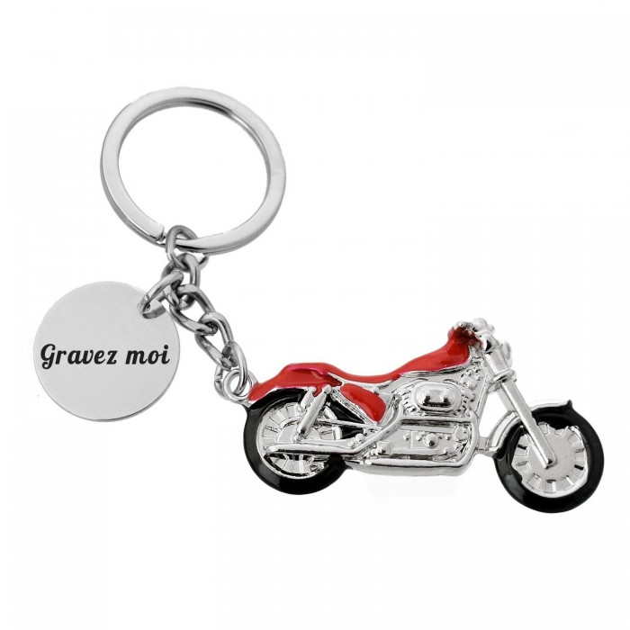 Porte-clés moto biker rouge et noir argenté gravure personnalisée sur médaille