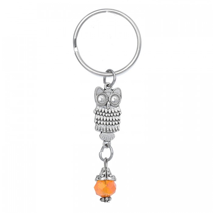 Porte-clés hibou argenté et perle à facettes orange
