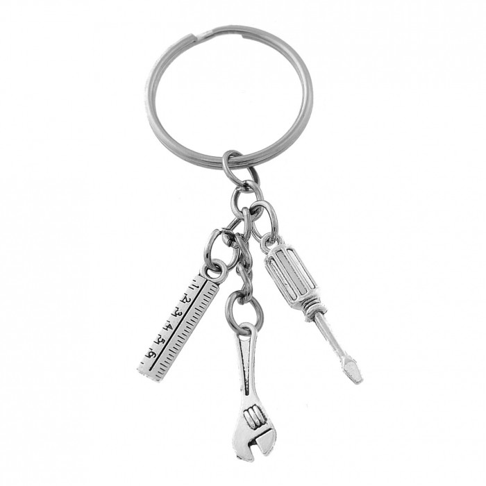 Porte-clés bricoleur outils tournevis mètre et clé à molette argenté