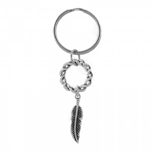 Porte-clés couronne de lauriers et plume pendante argenté