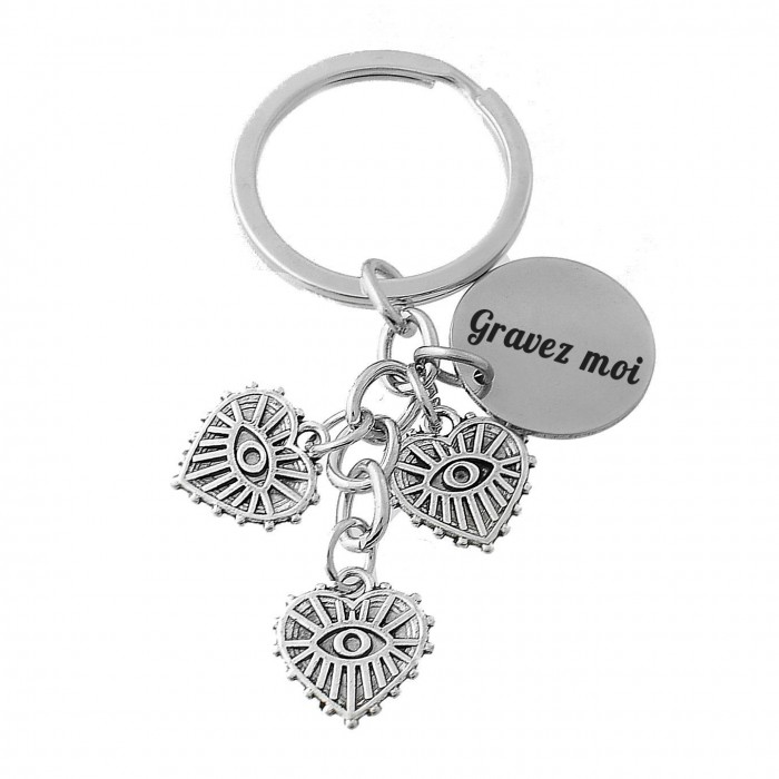 Porte-clés 3 pendentifs oeil dans un coeur argenté gravure personnalisée sur médaille