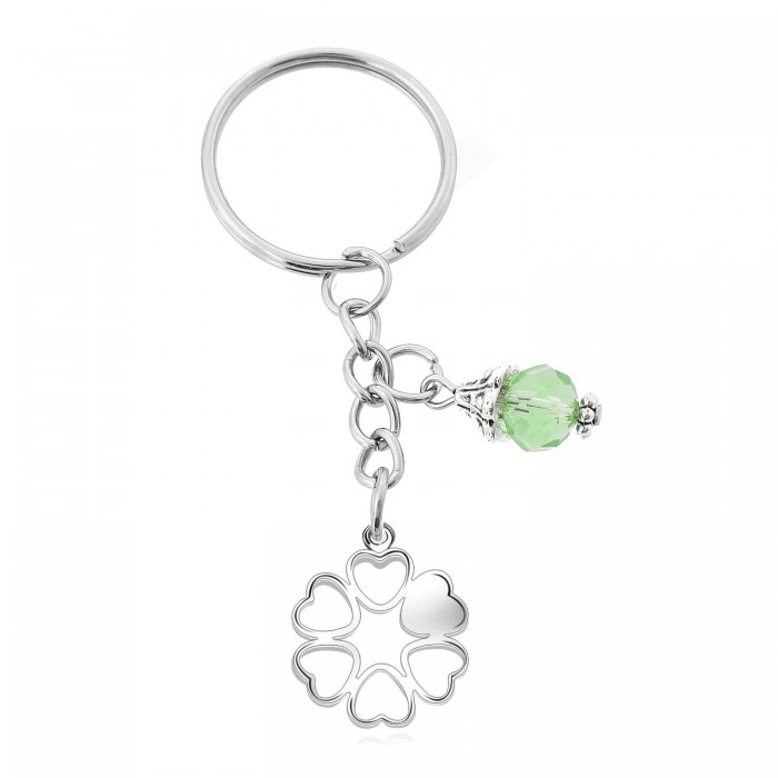 Porte-clés cercle de coeurs argenté et perle à facettes verte