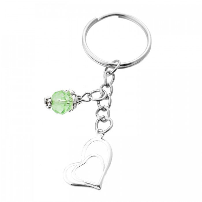 Porte-clés coeur argenté et perle à facettes verte