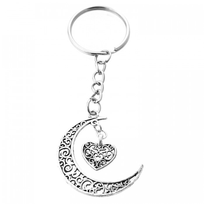 Porte-clés lune et coeur ciselé argenté